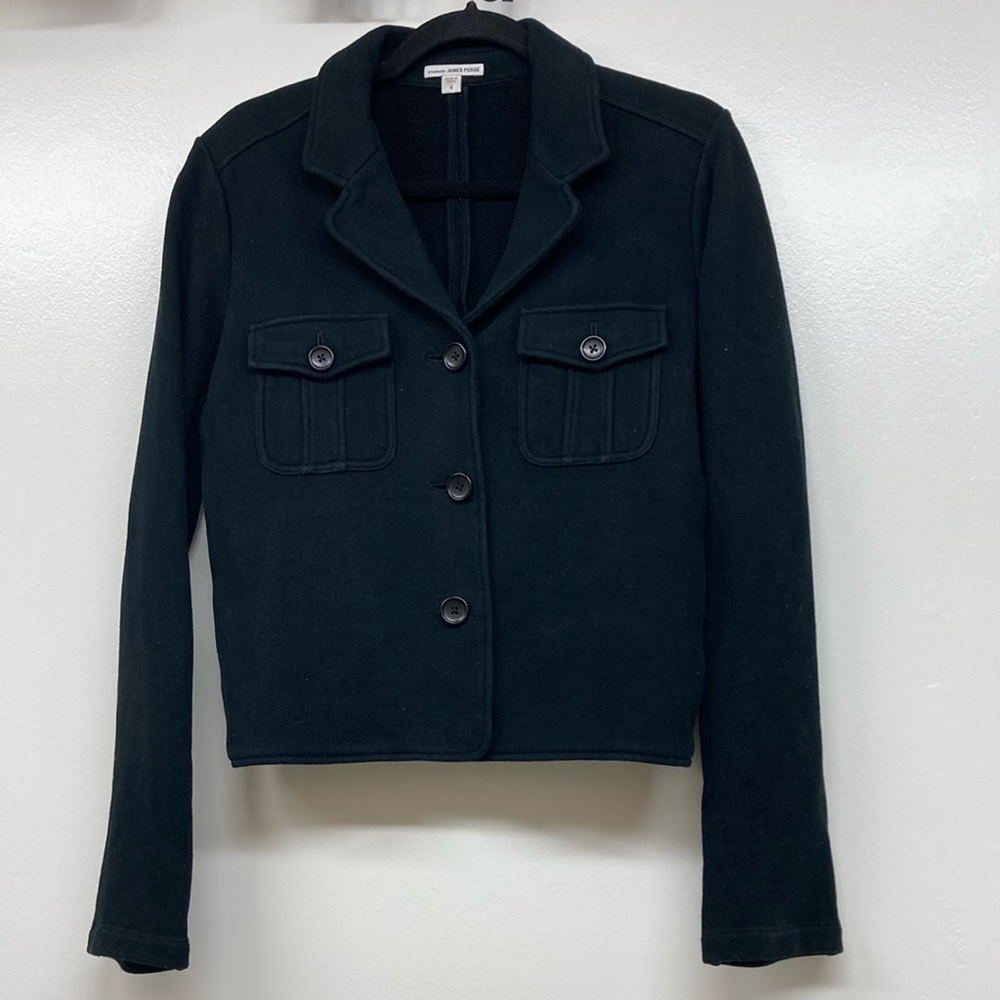 James Perse 100% Cotton Military Jacket Stretchy Gussets Women's Black Jacket